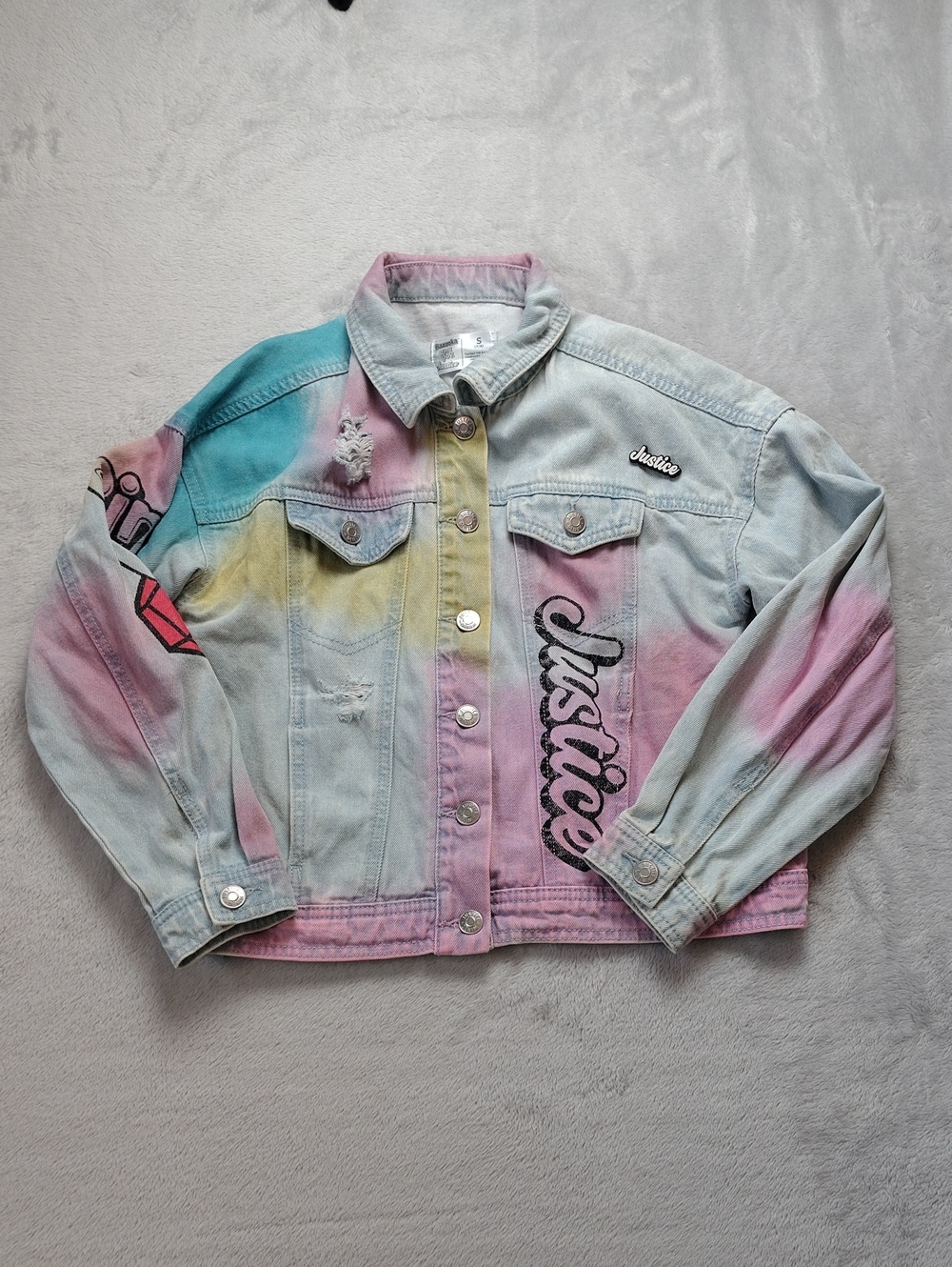 Justice Bazooka Gum Ring Pop Pastel Tie Dye 100% Cotton Denim Jacket Size 7/8